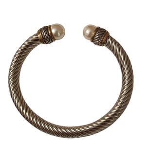 Silver Toned Cuff Unisex Bracelet Gold & Faux Pearl  Accents Simple Elegant